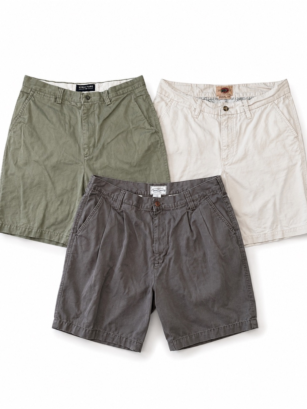 Three-Pack Men’s Flat Front Shorts - Olive, White, Gray